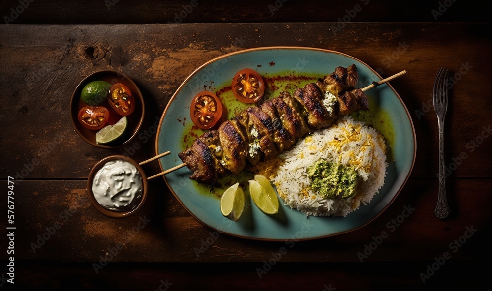  a blue plate topped with meat and rice next to a bowl of sauce and a fork and spoon on a wooden tab