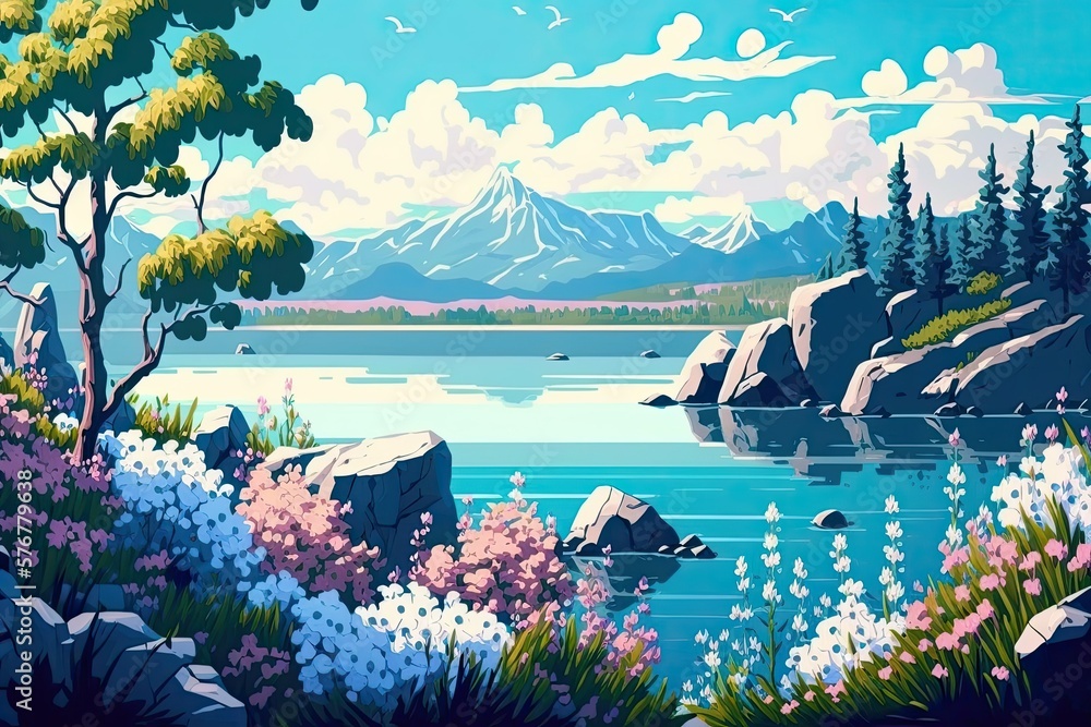 The lake and flowers in this panoramic scene are straight out of a fantasy novel. Paint by Numbers. 