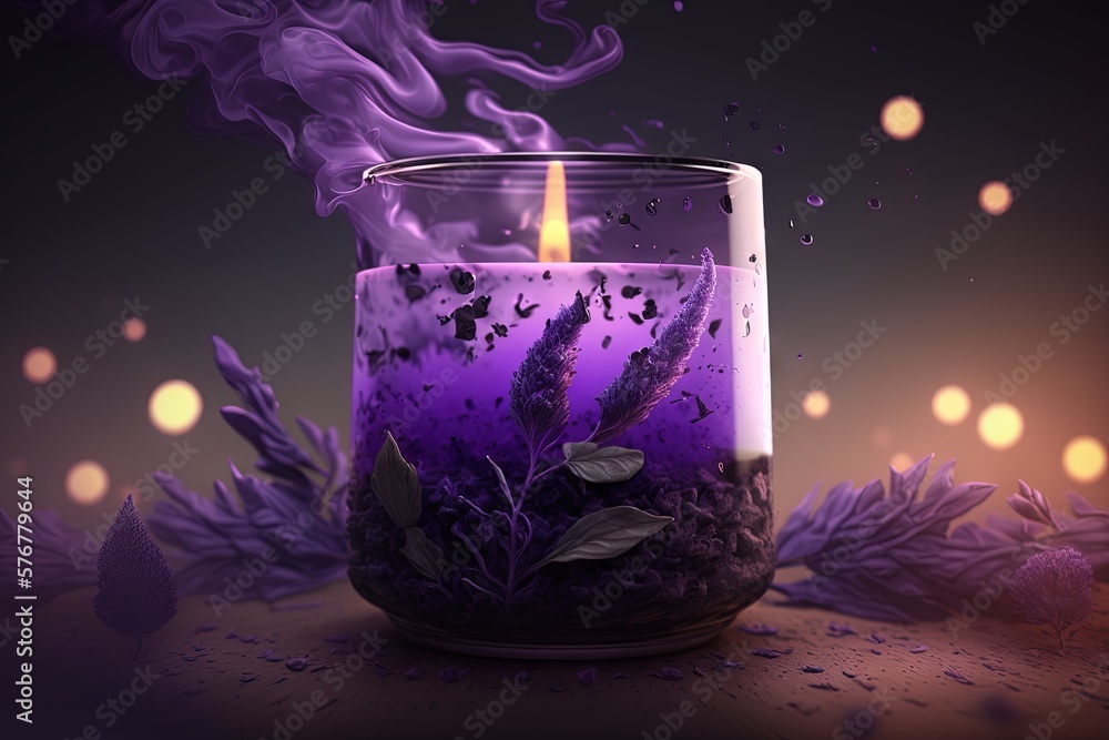  a candle that is sitting inside of a glass vase with a purple substance inside of it and some leave