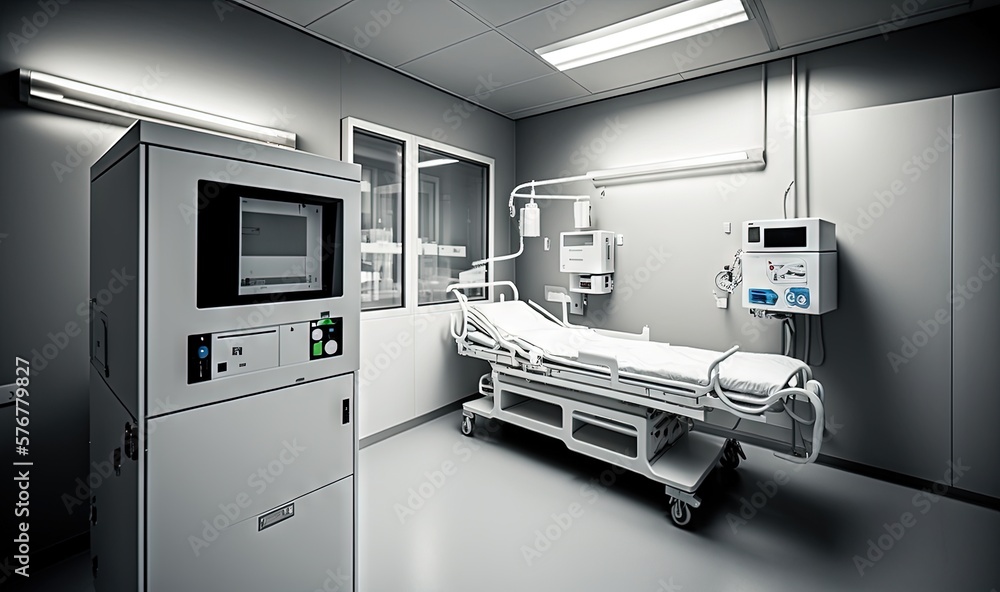  a hospital room with a bed and a microwave on the side of the room and a refrigerator in front of t