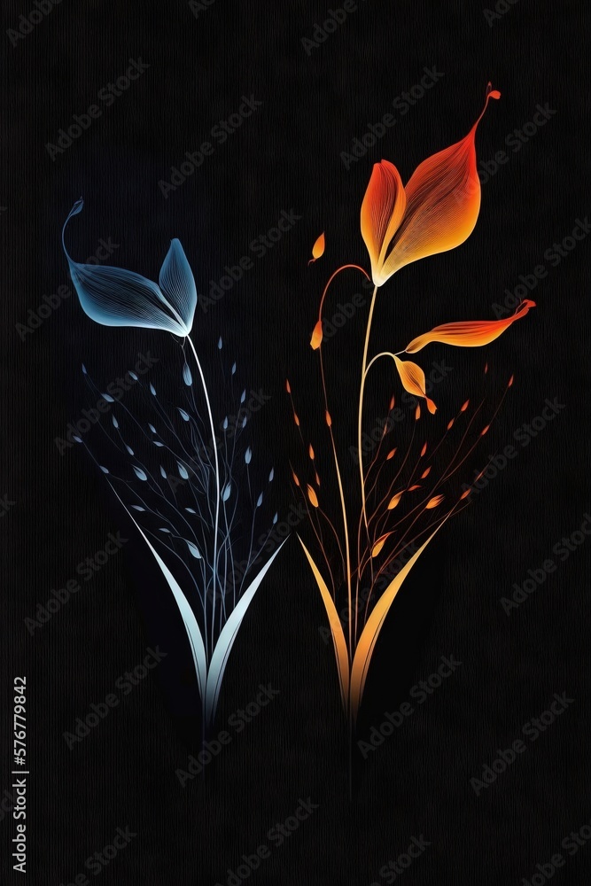  a painting of a flower and a plant with water droplets on its petals and stems, on a black backgro