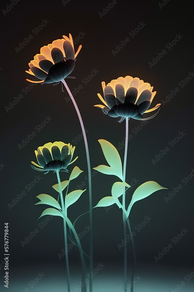  three yellow flowers are in a vase on a table with a black background and a black background behind