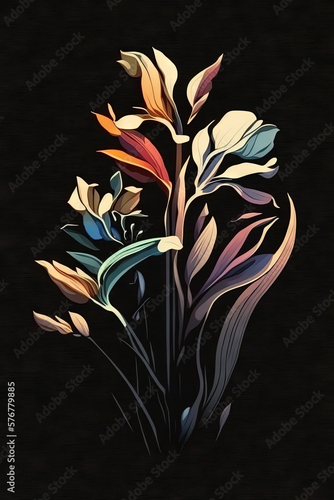  a painting of a bunch of flowers on a black background with a black background and a black backgrou