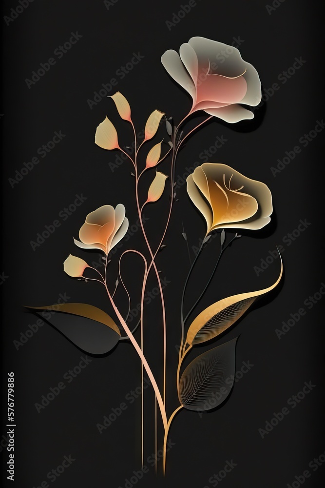  a black background with a bunch of flowers on its stem and a black background with a few yellow fl