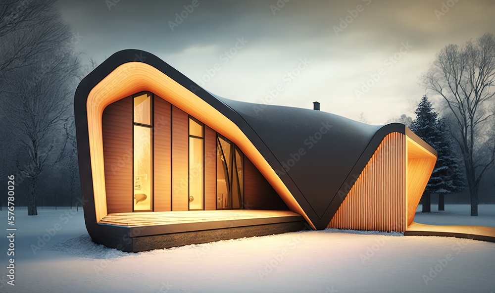  a house with a curved roof in the middle of a snowy field with trees in the background and a dark s