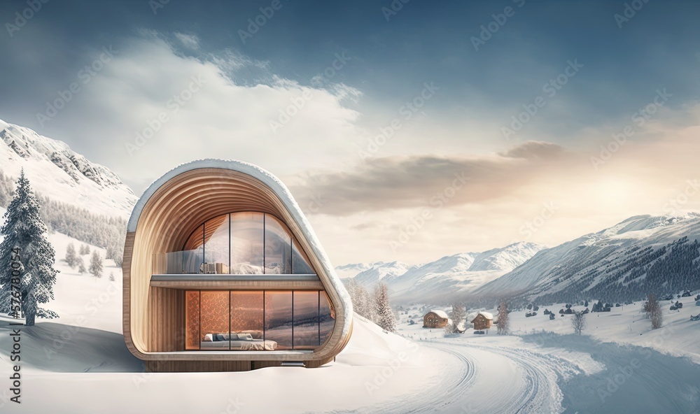  a small cabin in the middle of a snowy mountain range with a view of the mountains and a road leadi