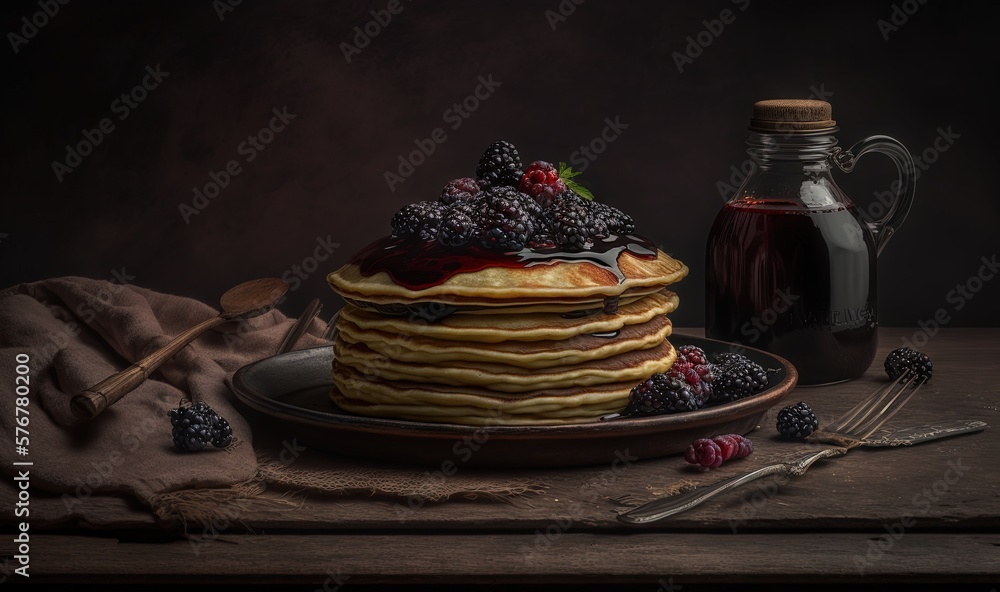  a stack of pancakes with berries and syrup on a plate next to a bottle of syrup and a spoon on a wo