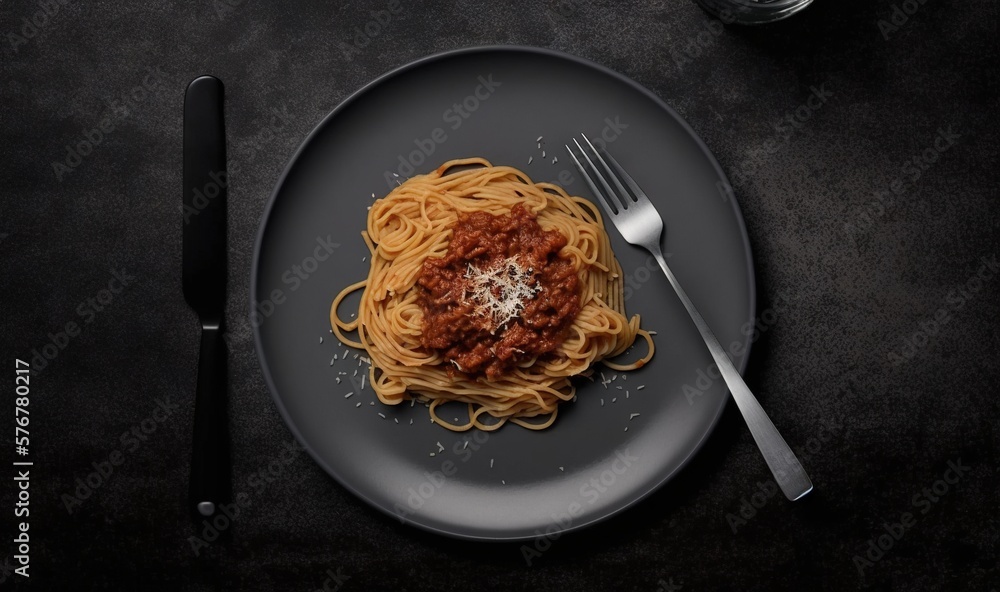  a plate of spaghetti with sauce and a fork on a table with a glass of water and a bottle of water o