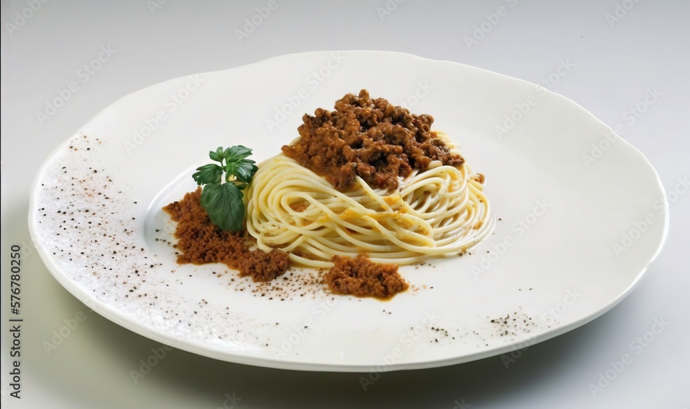  a white plate topped with spaghetti and meat on top of a white tablecloth with a sprig of parsley o