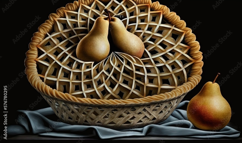  a painting of a basket with two pears and a piece of bread in it on a table cloth with a black back