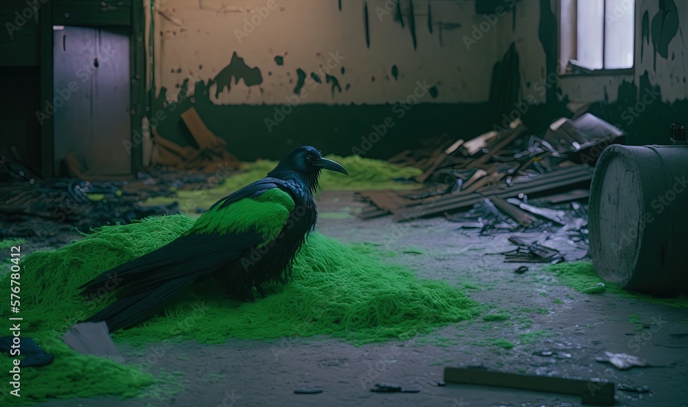  a black and green bird is sitting on a pile of green grass in a run down building with a clock in t