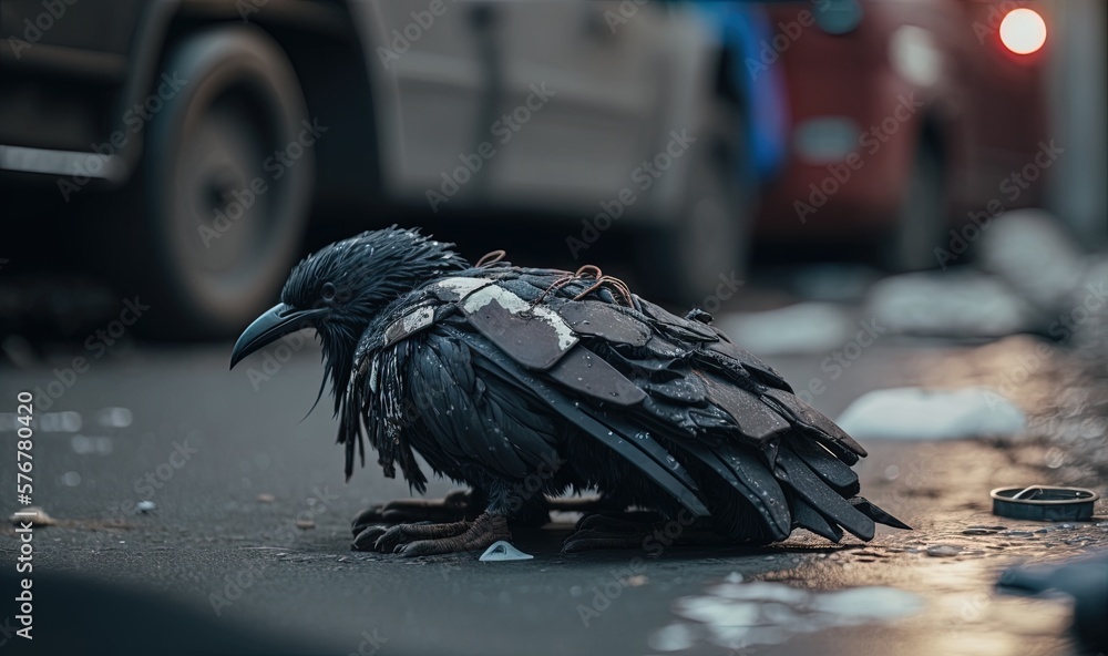  a black bird sitting on the ground next to a street with a car in the back ground and a red car in 