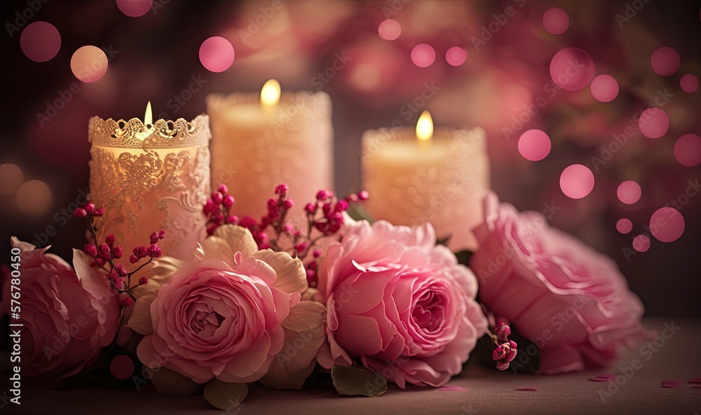  a group of three candles sitting next to each other with pink flowers in front of them and a blurry