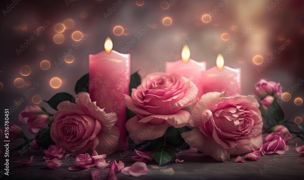  a group of three pink roses sitting next to each other on top of a wooden table next to a lit candl