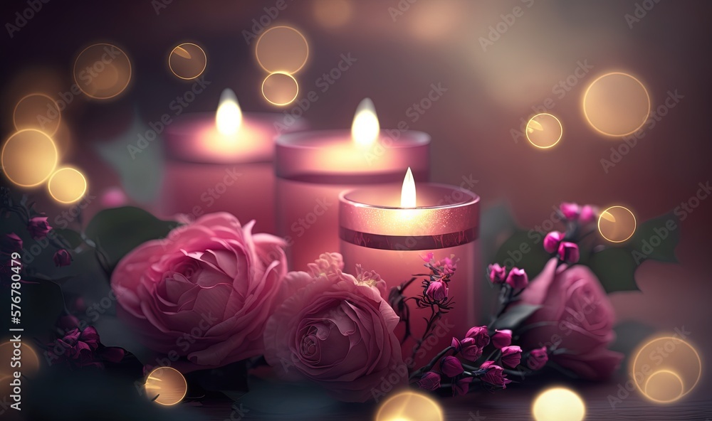  three pink roses and three lit candles with boke of lights in the background and boke of boke of li