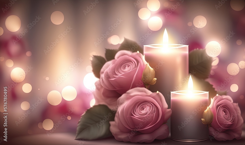  three candles with roses on a table with blurry lights in the backround of the image and a curtain 