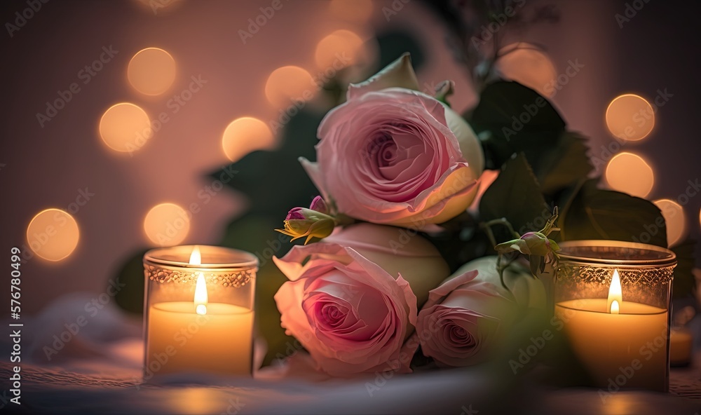  a bouquet of roses sitting next to two candles on a table with lights in the backround of the pictu