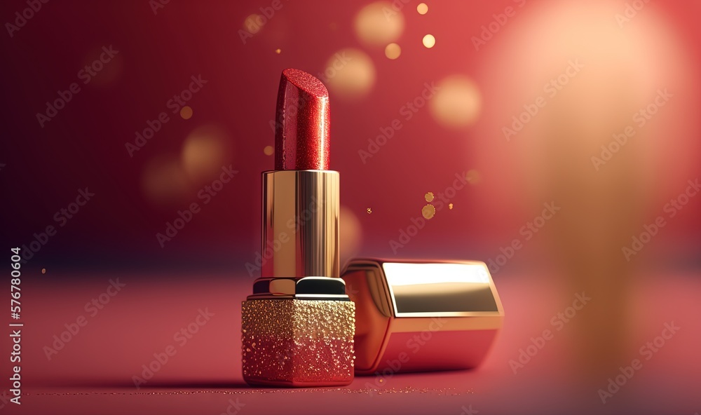  a red lipstick with gold flecks and a red background with a gold flecks and a red background with g