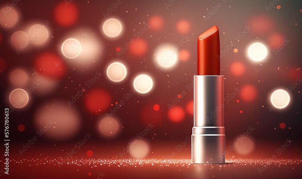  a red lipstick is on a shiny surface with a blurry boke of lights in the background and a sparkley 