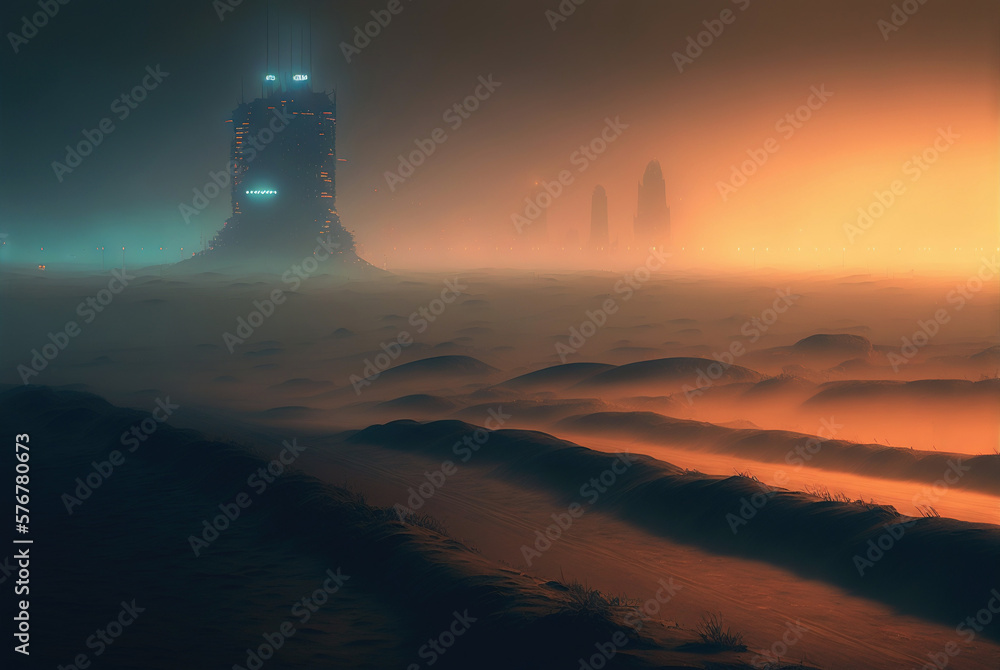 Futuristic cyberpunk city in desert dunes. Postapocalyptic megapolis in sand dunes. Generative AI.