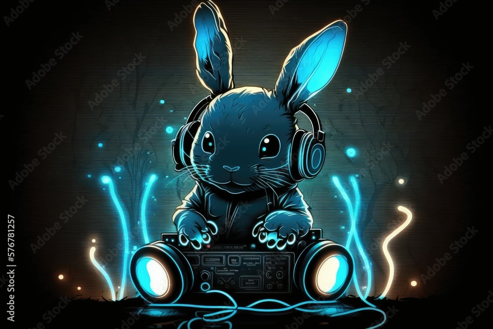 Young DJ rabbit in neon shades and lights up to the beat. Generative AI