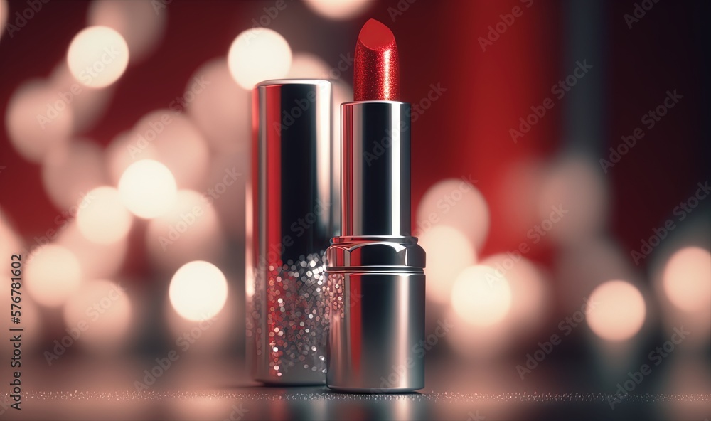  a red lipstick with glitter on the top of it and a red background with lights in the background and