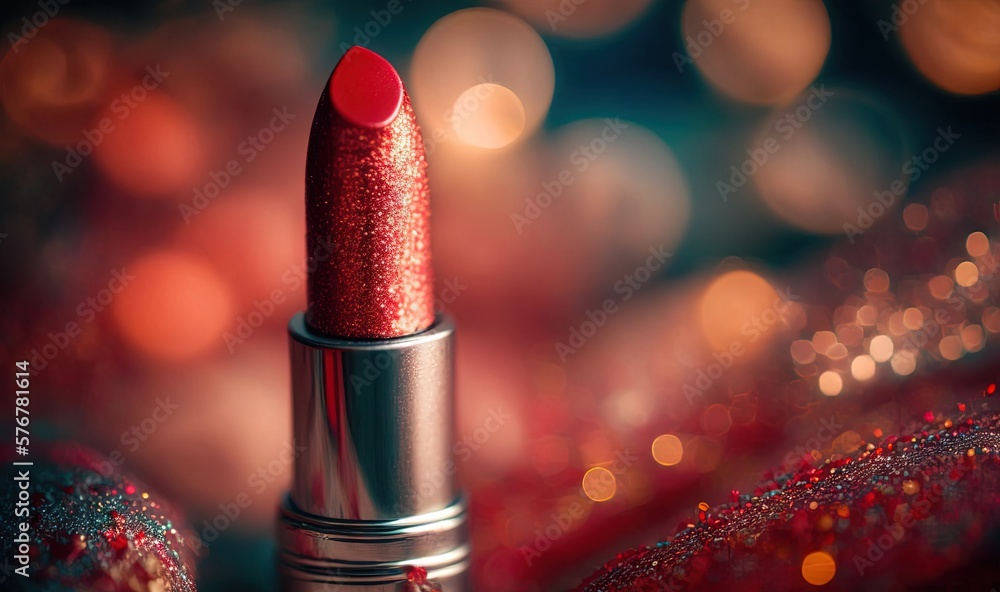  a close up of a red lipstick with glitter on the tip of its lipstick tube, with a blurry backgroun