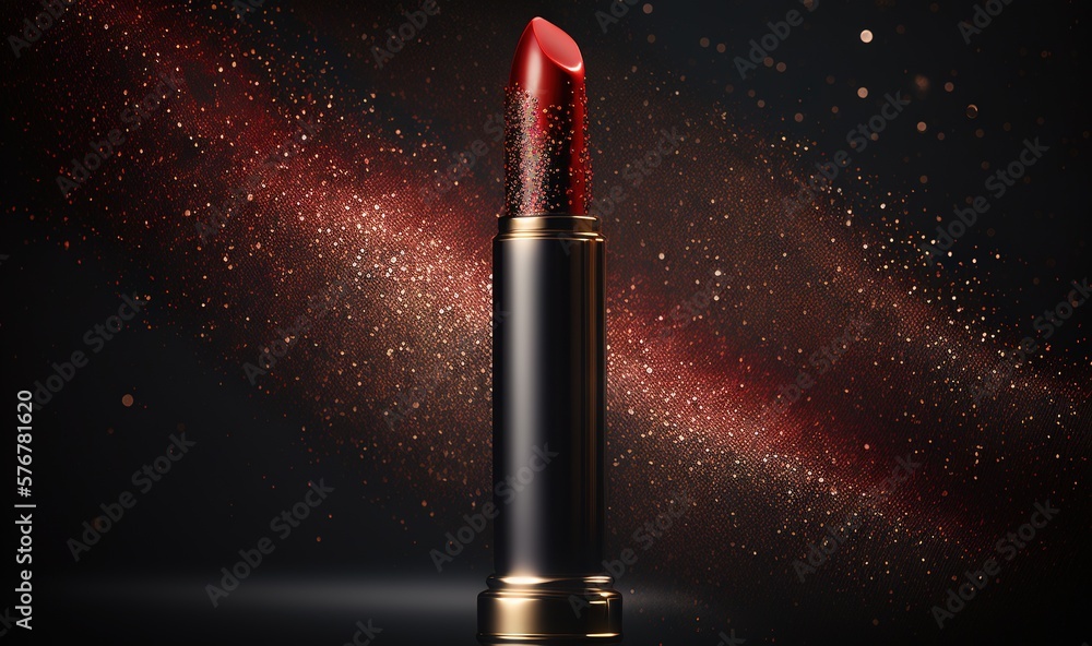  a red lipstick with a gold cap on a black background with a red streak of light coming from the top