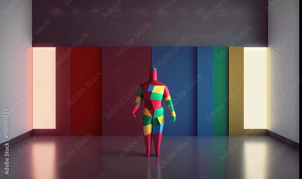  a person standing in front of a colorful wall with a neon sign above it that reads raskkaan iascan