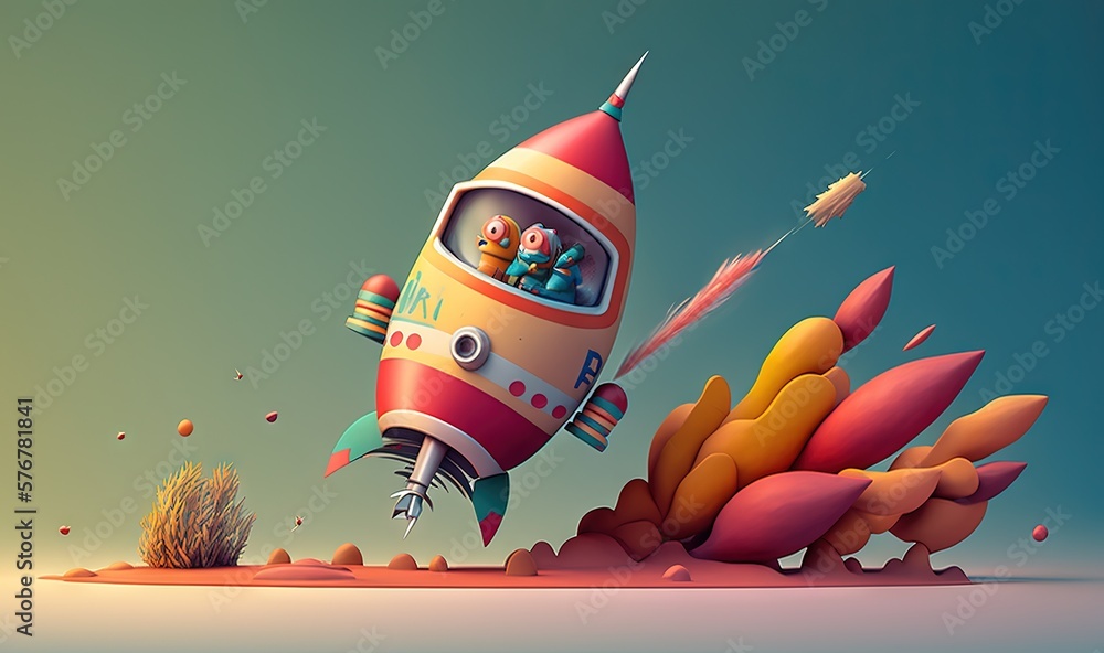  a cartoon of a rocket ship flying over a coral reef with a man in the cockpit and another man in th