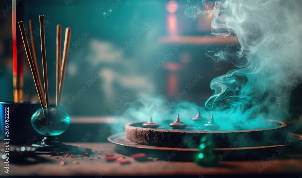  a bowl of incense sticks with smoke coming out of it and a cup of tea on a plate with a candle in t