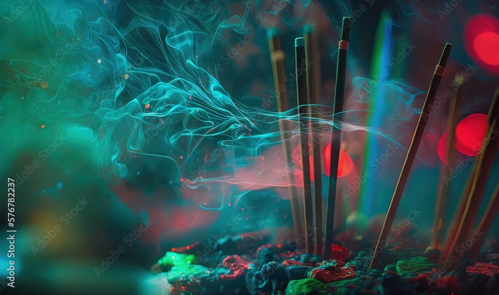  a close up of a bunch of sticks in a bowl of smoke with a red light in the background and a green l