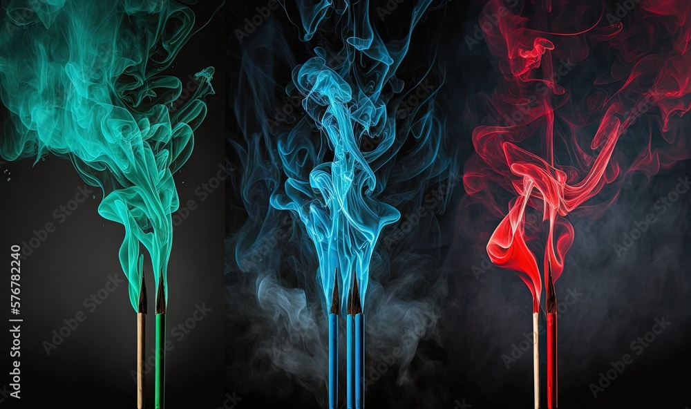  three different colored smoke sticks in a row on a black background with a red and green one on eac