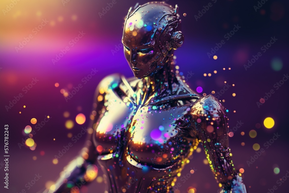 Portrait of artificial intelligence avatar. Iridescent synthetic humanoid. Generative AI