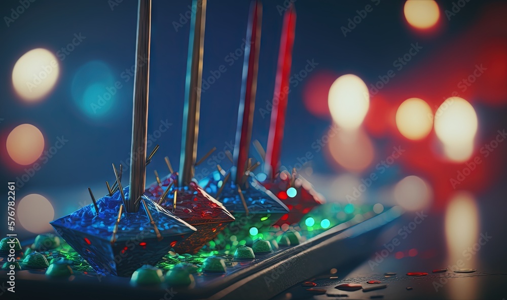  a group of candles sitting on top of a table next to candy canes and candies on a tray with lights 