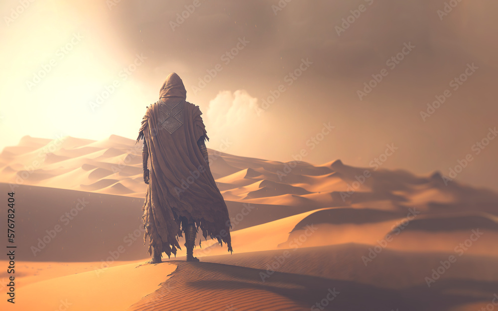 Man in coat stand in a desert sands during the storm. Sand in a air, dusty mist. Generative AI