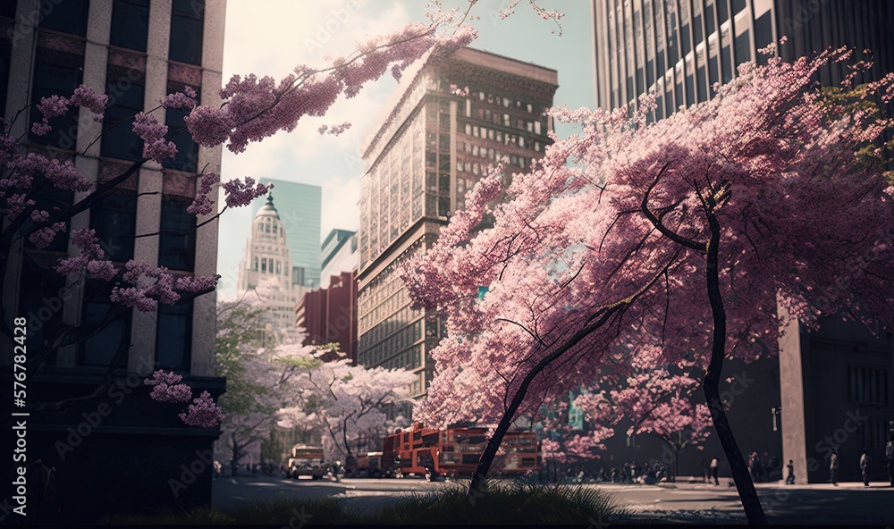  a city street filled with lots of tall buildings covered in pink flowers and trees with pink flower