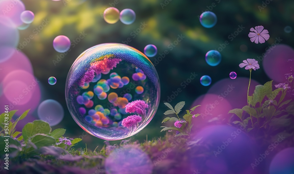  a soap bubble floating in the air over a field of grass and flowers with pink and purple flowers in