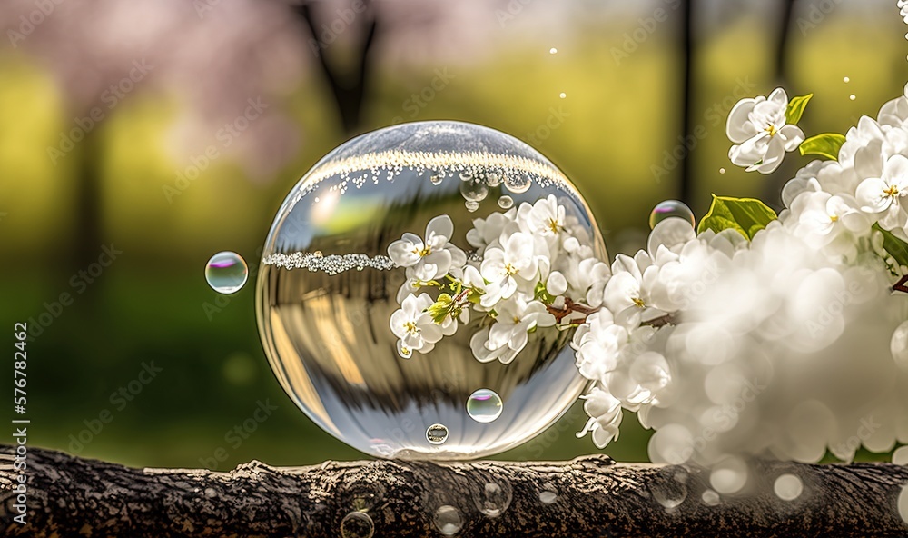  a soap bubble sitting on top of a tree branch next to a flower filled tree branch with water drople