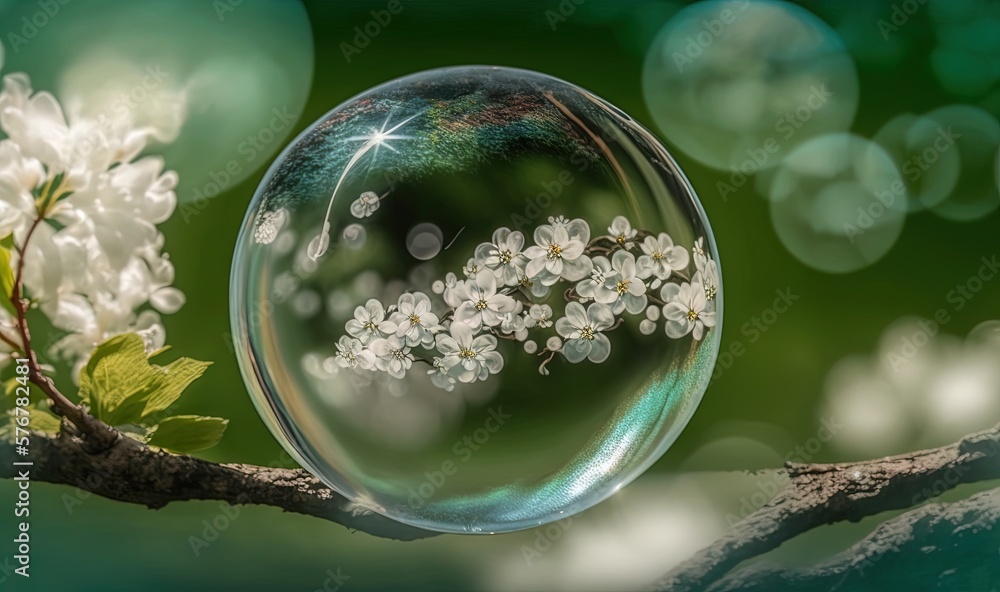  a glass ball sitting on top of a branch of a tree filled with white flowers on a sunny day with bok