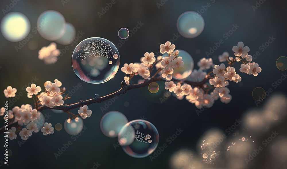  a tree branch with bubbles hanging from its branches and a blurry background of water droplets on 