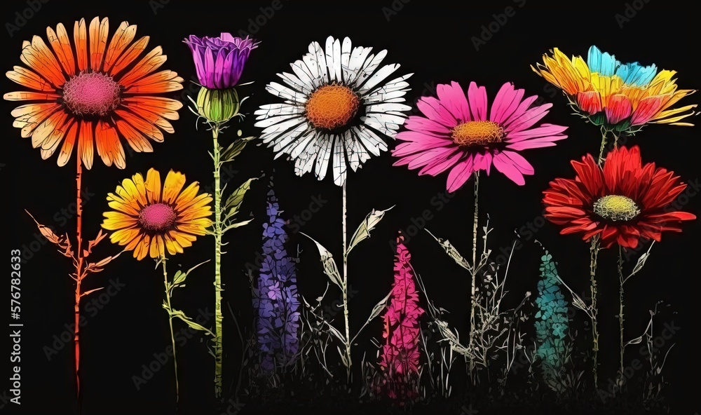  a group of colorful flowers on a black background with a black background.  generative ai