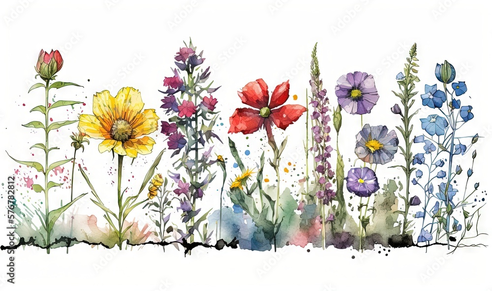  a watercolor painting of a field of wildflowers and daisies with a white background and watercolor 