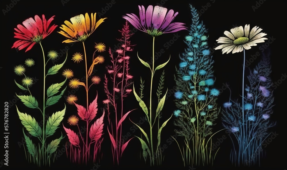  a bunch of flowers that are on a black background with a black background and a black background wi