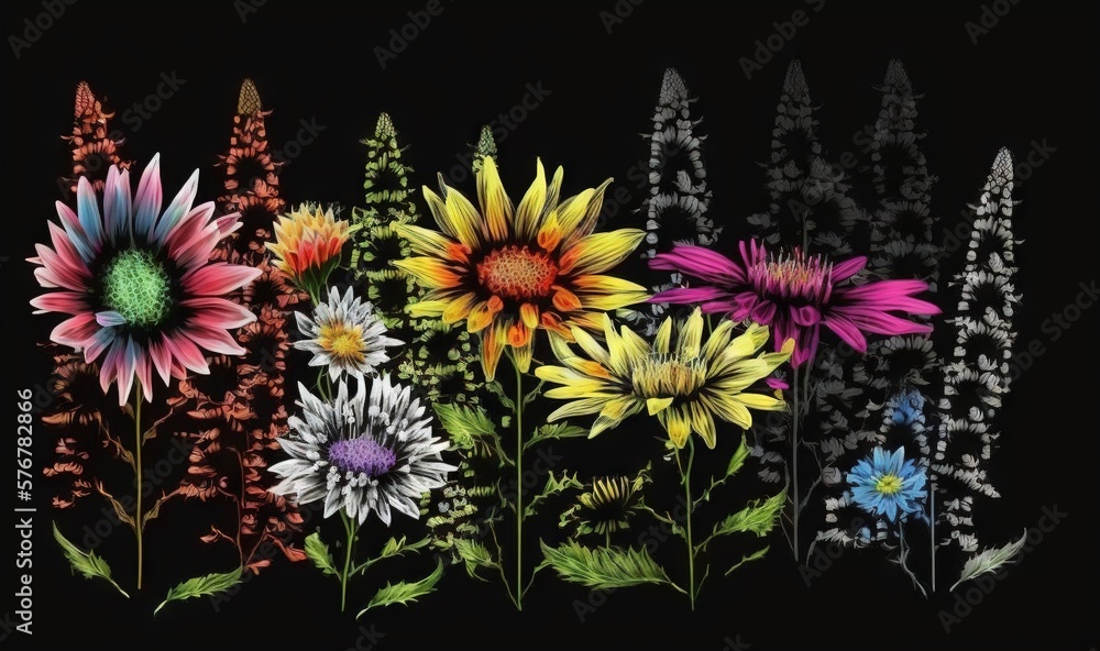  a bunch of flowers that are on a black background with a black background.  generative ai