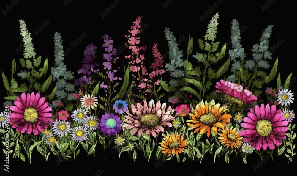  a painting of a field of wildflowers and other flowers on a black background with the word wild wri