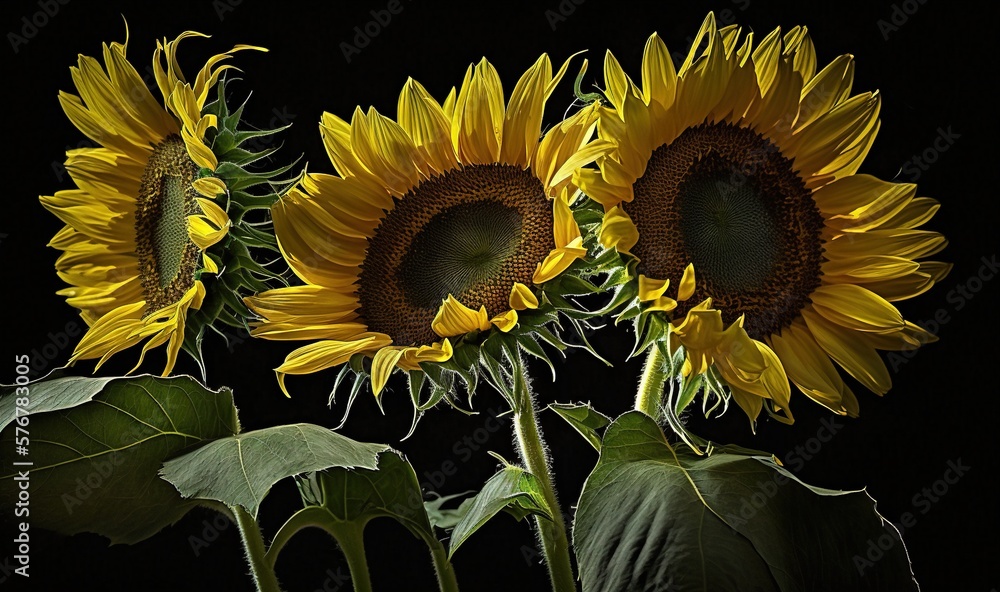  a group of sunflowers are shown in a dark room with a black background and a black background with 