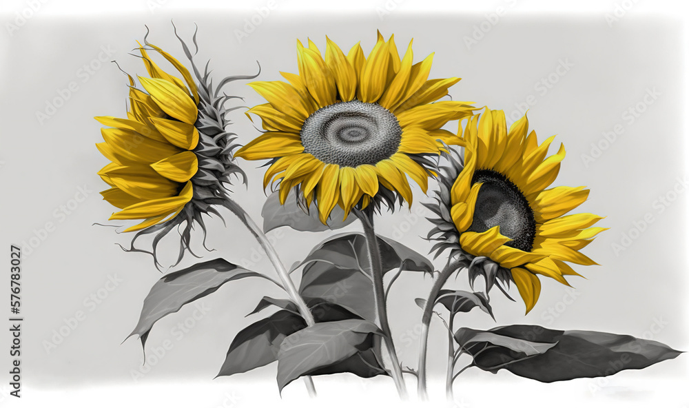  a drawing of three sunflowers in a vase with a white background and a gray background with a black 