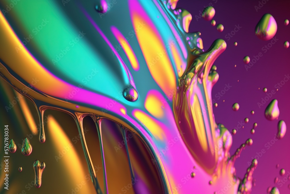 Iridescent paint colorful vivid background. Liquid splashes and drops. Generative AI