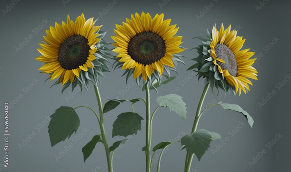  three yellow sunflowers in a vase with green leaves on a gray background with a gray wall in the ba